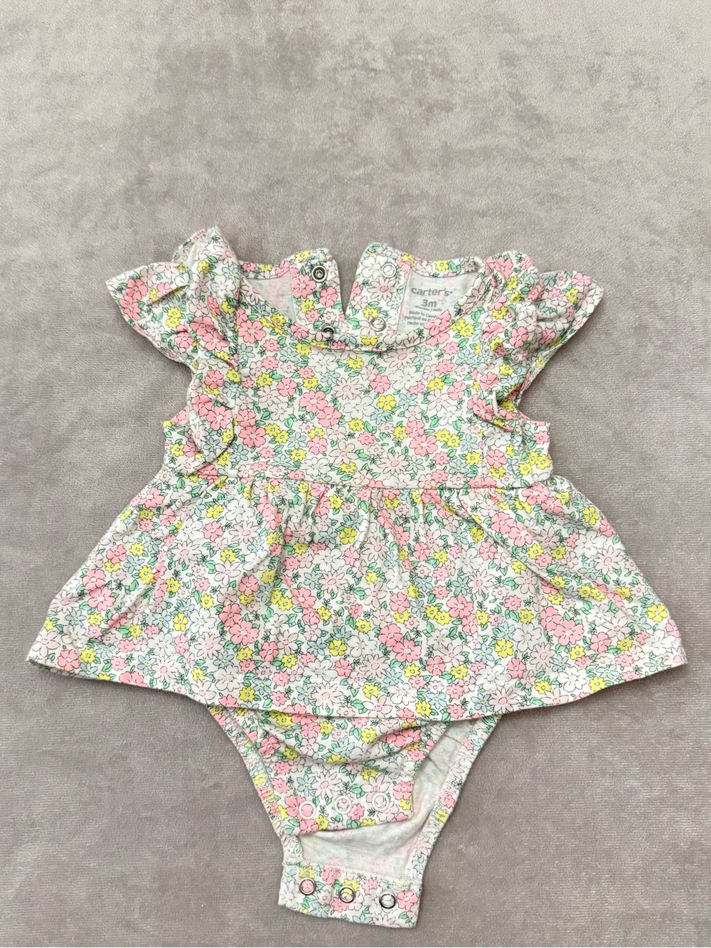 Carter’s Baby Girl Floral Dress Bodysuit 3 Months Pink Yellow Flutter Sleeve One